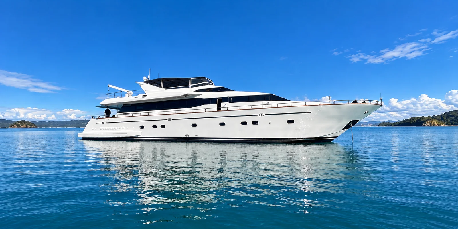 Liberté superyacht at anchor on turquoise water, available for luxury yacht charter in Auckland